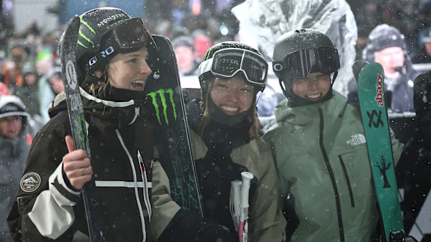 The women's ski superpipe podium on day one of X Games Aspen 2026, featuring bronze medallist Cassie Sharpe, gold medallist Zoe Atkin and silver medallist Indra Brown.