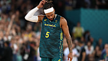 Boomers star Patty Mills reacts after a nailbiting overtime loss to Serbia in the Paris 2024 quarter-final.