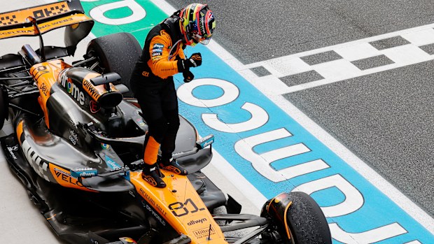 Oscar Piastri celebrates after winning the Miami Grand Prix.
