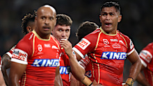 SYDNEY, AUSTRALIA - MARCH 07: Daniel Saifiti of the Dolphins reacts after a Rabbitohs try during the round one NRL match between the Dolphins and South Sydney Rabbitohs at CommBank Stadium on March 07, 2025, in Sydney, Australia. (Photo by Jason McCawley/Getty Images)