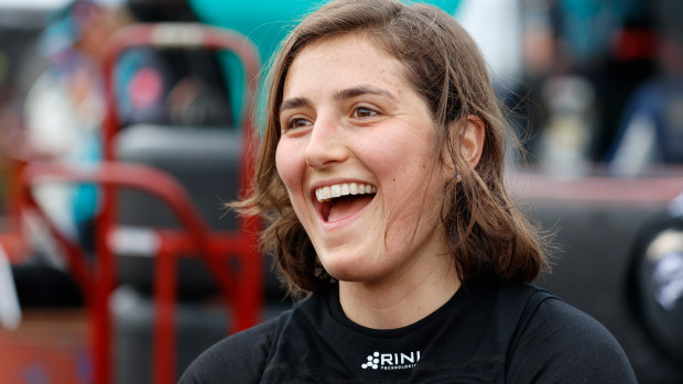 Tatiana Calderon talks to her engineer during the Honda Indy 200 at Mid Ohio on July 3, 2022 in Lexington, Ohio. (Photo by Brian Spurlock/Icon Sportswire via Getty Images)