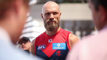 Max Gawn of the Demons speaks to media during the 2024 AFL captain's day.