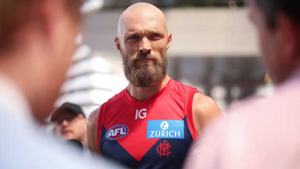 Max Gawn of the Demons speaks to media during the 2024 AFL captain's day.