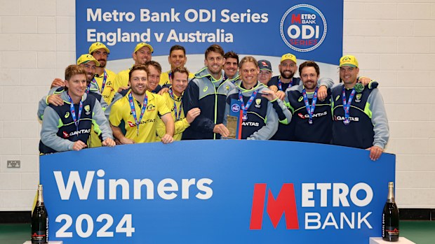 Australian captain Mitchell Marsh with the winners trophy following his side's 3-2 series victory over England.
