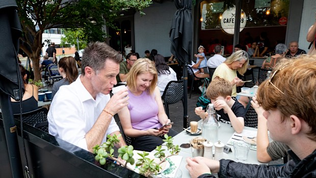 NSW Premier-designate Chris Minns has emerged after to have coffee after Labors historic win at a Cafe in Kogarah with his wife Anna, and three sons. 
