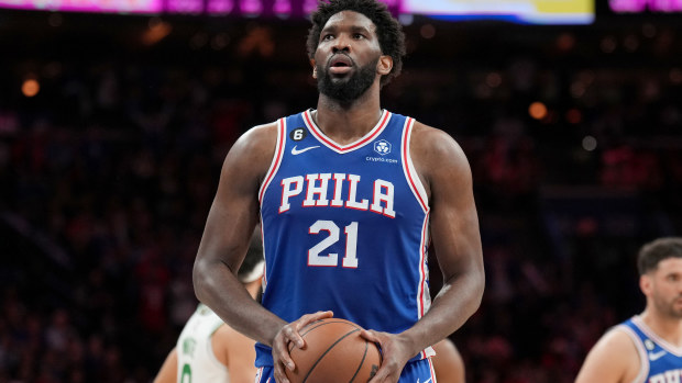 Joel Embiid #21 of the Philadelphia 76ers prepares to shoot a free throw during the game against the Boston Celtics during Game 6 of the 2023 NBA Playoffs Eastern Conference semi-finals on May 11, 2023 at the Wells Fargo Center in Philadelphia, Pennsylvania