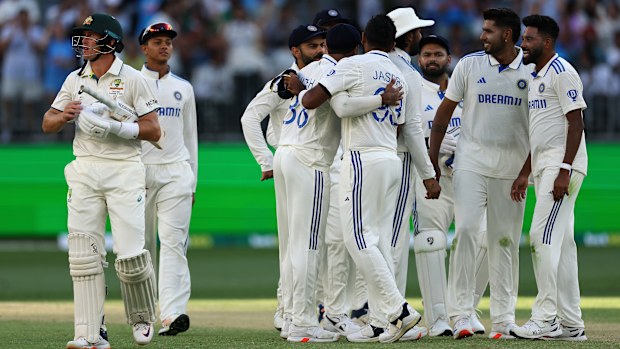 Marnus Labuschagne leaves the field after being dismissed for LBW by Jasprit Bumrah on day three of the first Test against India.