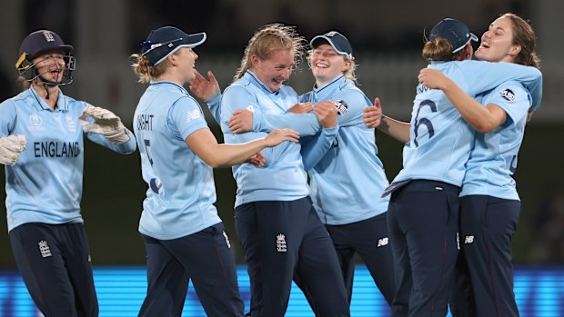 England celebrate another wicket during the Women's Cricket World Cup semi final.