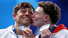 Silver medallists Tom Daley and Noah Williams of Team Great Britain celebrate after winning silver in the men's synchronised 10m platform final at Paris 2024.