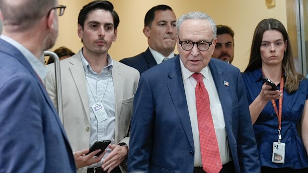 Sen. Minority Leader Chuck Schumer of N.Y., speaks with reporters at the Capitol Subway on day 36th of the government shutdown, Wednesday, Nov. 5, 2025, in Washington.  