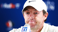 Rory McIlroy speaks to media.