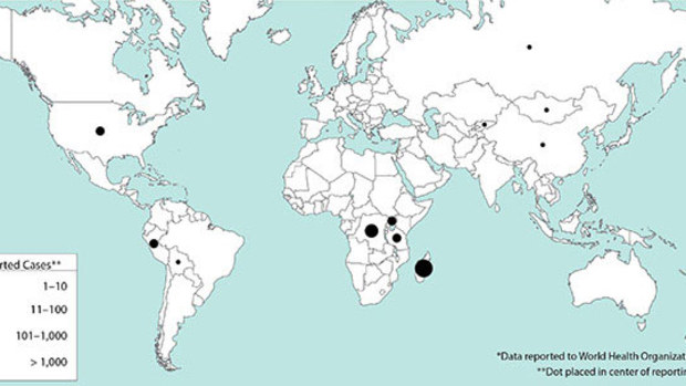 Reported plague cases by country, 2010-2015.