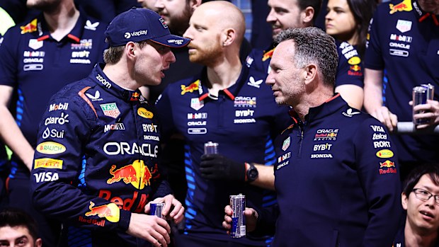Race winner Max Verstappen of Red Bull Racing talks with team principal Christian Horner as they celebrate after the Bahrain Grand Prix. 