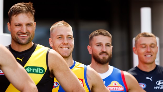 Oscar Allen of the Eagles looks on during the AFL Captains Day at Marvel Stadium.