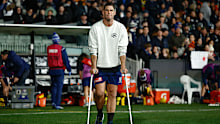 Tom Hawkins was on crutches at the end of the Geelong match against Carlton.
