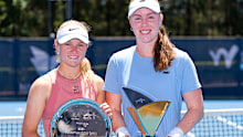 SYDNEY, AUSTRALIA - NOVEMBER 23: Emerson Jones of Australia and Talia Gibson (R) of Australia pose with their trophies after the NSW Open Women's Singles Final Match at Sydney Olympic Park Tennis Centre on November 23, 2025 in Sydney, Australia. (Photo by Andy Cheung/Getty Images)