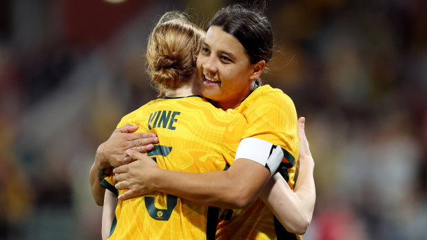 Samantha Kerr of the Matildas celebrates with team mates after scoring a goal during the AFC Women's Asian Olympic Qualifier match between Australia Matildas and IR Iran at HBF Park on October 26, 2023 in Perth, Australia.