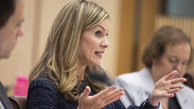 Julie Inman Grant. eSafety Commissioner, during a Senate estimates hearing at Parliament House in Canberra on Thursday 30 May 2024. fedpol Photo: Alex Ellinghausen