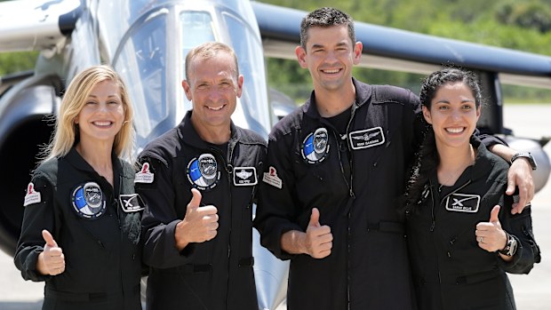 Mission specialist Anna Menon, pilot Scott Poteet, commander Jared Isaacman and mission specialist Sarah Gillis in August.