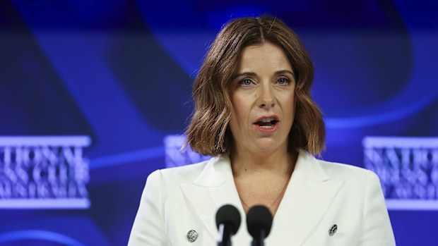 Minister for Communications and Minister for Sport Anika Wells during an address to the National Press Club of Australia in Canberra on Wednesday 3 December 2025. fedpol Photo: Alex Ellinghausen
