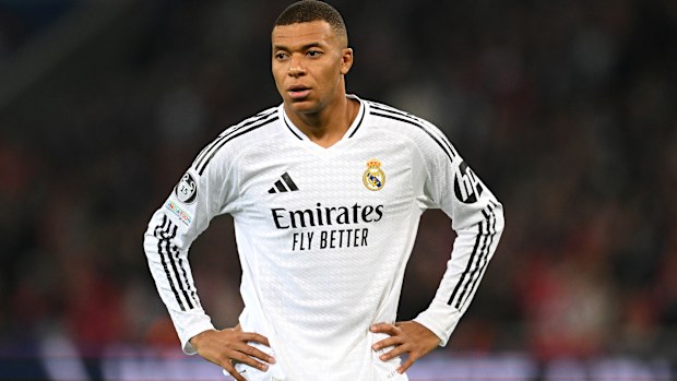 Kylian Mbappe of Real Madrid looks dejected.