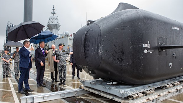 The unveiling of the Ghost Shark, an uncrewed submarine, at Garden Island, Sydney.