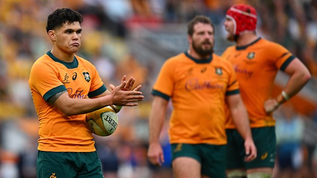 Noah Lolesio of the Wallabies reacts at Suncorp Stadium.