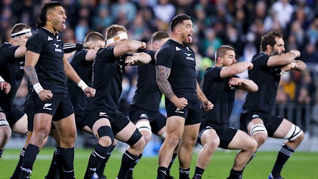 New Zealand players perform a haka at Sky Stadium in Wellington.
