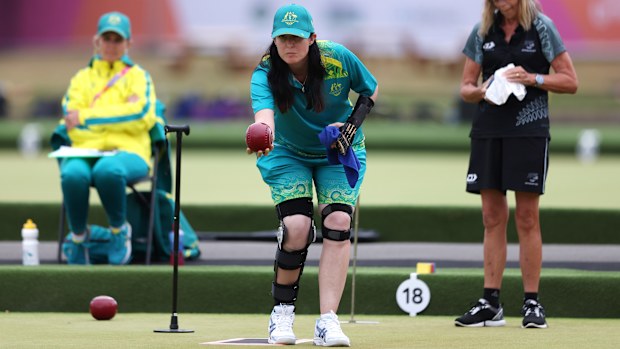 Australia's Serena Bonnell bowls during a para-women's pairs match between Team Australia and Team New Zealand at the Birmingham 2022 Commonwealth Games.