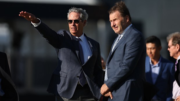 Sir Nick Faldo of England speaks with Ian Baker-Finch of Australia before the Past Champions Dinner prior to The 150th Open at St Andrews Old Course on July 12, 2022 in St Andrews, Scotland. (Photo by Oisin Keniry/R&A/R&A via Getty Images )