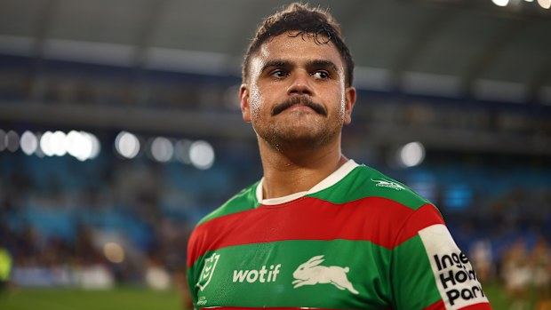 Latrell Mitchell of the Rabbitohs looks on after winning the round 14 NRL match between Gold Coast Titans and South Sydney Rabbitohs at Cbus Super Stadium, on June 08, 2024, in Gold Coast, Australia. (Photo by Chris Hyde/Getty Images)