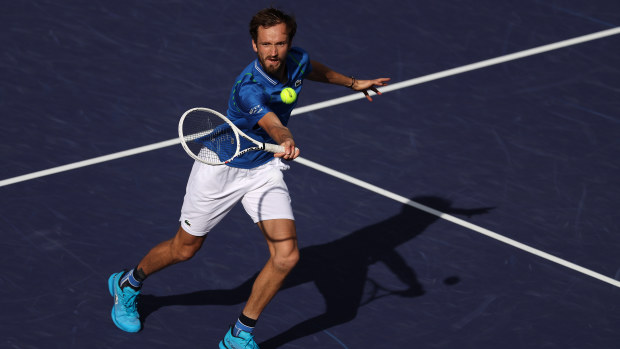 Daniil Medvedev in action against Alejandro Davidovich Fokina of Spain in the quarter finals during the BNP Paribas Open on March 15, 2023 in Indian Wells, California. (Photo by Julian Finney/Getty Images)