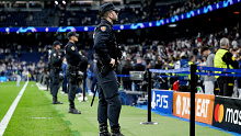 A police officer inside the Estadio Santiago Bernabeu in Madrid.