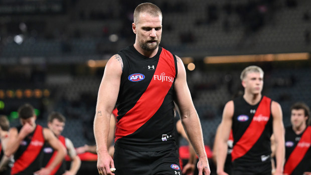 Jake Stringer of the Bombers looks dejected after thier loss to Adelaide in round 19.