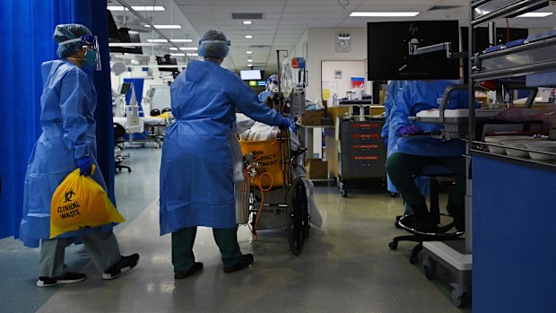 Patients in hospital with coronavirus are younger and sicker with the Delta strain. Pictured: Staff at St Vincent's Hospital ICU.