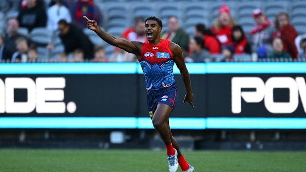 Kysaiah Pickett of the Demons celebrates a goal.