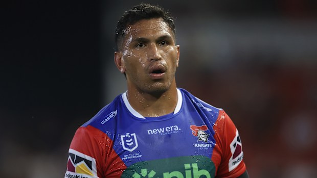 Jacob Saifiti of the Knights during the round two NRL match between Newcastle Knights and Dolphins at McDonald Jones Stadium, on March 13, 2025, in Newcastle, Australia. (Photo by Scott Gardiner/Getty Images)