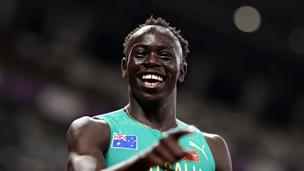 TOKYO, JAPAN - SEPTEMBER 18: Gout Gout of Team Australia reacts after failing to qualify for the Final during the Men's 200 Metres Semi-Finals on day six of the World Athletics Championships Tokyo 2025 at National Stadium on September 18, 2025 in Tokyo, Japan.  (Photo by Hannah Peters/Getty Images)