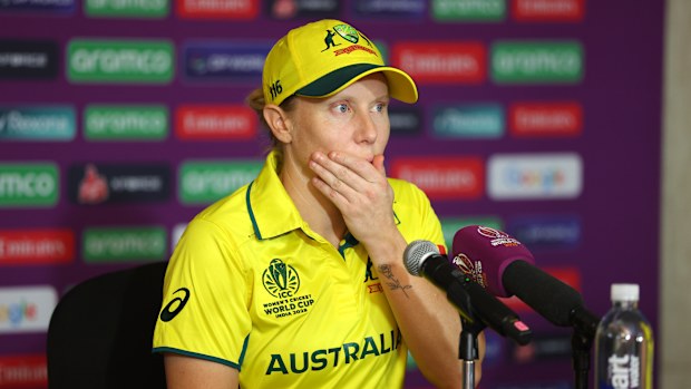 Alyssa Healy speaks to media during the post-match press conference following Australia's defeat in its ICC Women's Cricket World Cup 2025 semi-final match.