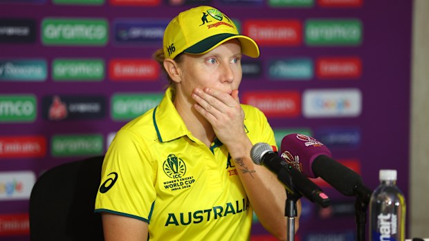 Alyssa Healy speaks to media during the post-match press conference following Australia's defeat in its ICC Women's Cricket World Cup 2025 semi-final match.