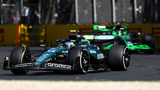 Fernando Alonso of Spain driving the Aston Martin AMR24 at turn six.