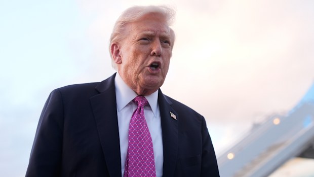 President Donald Trump speaks to reporters after arriving on Air Force One, Friday, Oct. 17, 2025, at Palm Beach International Airport in West Palm Beach, Fla.