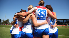 PERTH, AUSTRALIA - OCTOBER 28: Western Bulldogs huddle up before the game during the round nine AFLW match between West Coast Eagles and Western Bulldogs at Mineral Resources Park, on October 28, 2023, in Perth, Australia. (Photo by James Worsfold/AFL Photos/via Getty Images )