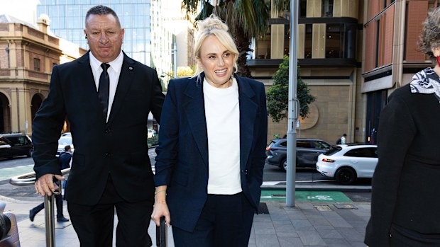 Rebel Wilson arrives to give testimony for a third day in a row during her defamation trial.