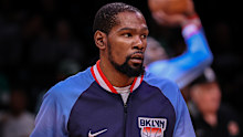 Kevin Durant of Brooklyn Nets warms up before a playoffs match-up with the Boston Celtics.