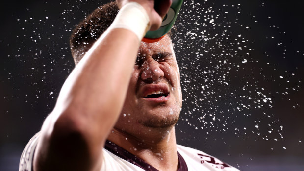 Josh Schuster of the Sea Eagles sprays water on his face during the round 11 match between the Eels and Sea Eagles. 
