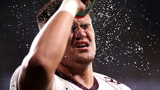 Josh Schuster of the Sea Eagles sprays water on his face in a break of play in their round 11 match against the Eels. 
