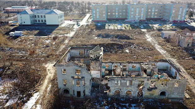  An aerial view of rubbles of a building in Slovyansk damaged during the conflict as diplomatic efforts to resolve the Ukraine-Russia crisis continue.