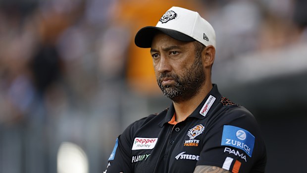 Benji Marshall, head coach of the Wests Tigers looks on before the round seven NRL match between the Wests Tigers and Parramatta Eels at CommBank Stadium on April 21, 2025, in Sydney, Australia. (Photo by Darrian Traynor/Getty Images)