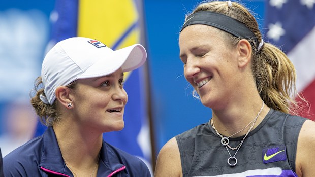 Ashleigh Barty of Australia and Victoria Azarenka of Belarus at the trophy presentation after their loss against Elise Mertens of Belgium and Aryna Sabalenka of Belarus in the Women's Doubles Final on Arthur Ashe Stadium during the 2019 US Open Tennis Tournament at the USTA Billie Jean King National Tennis Center on September 8th, 2019 in Flushing, Queens, New York City.  (Photo by Tim Clayton/Corbis via Getty Images)